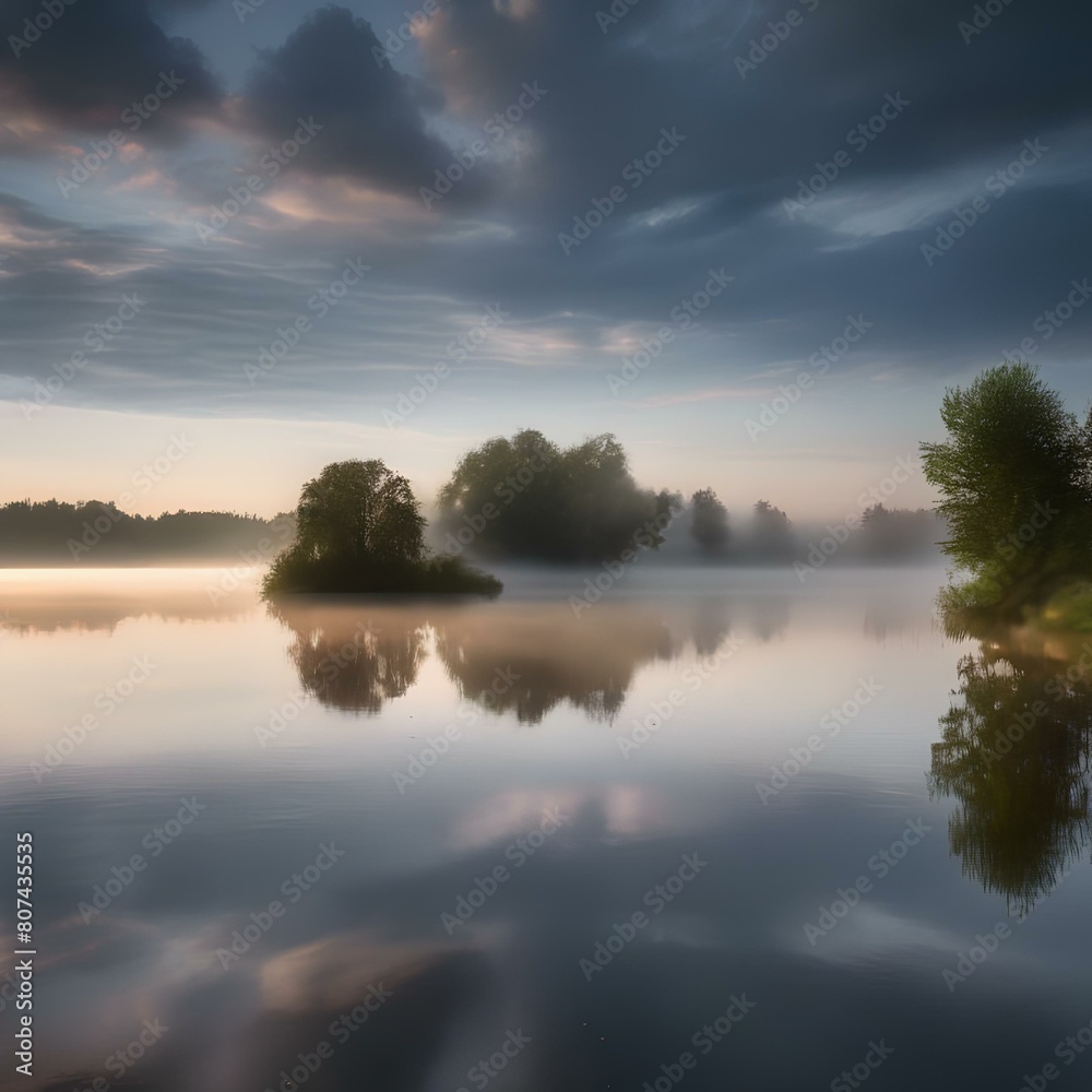 A serene lake at dawn, with mist rising off the water and the first light of day breaking through the clouds4