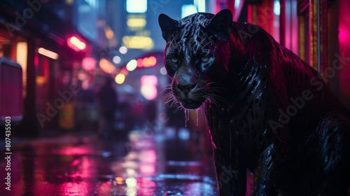 he enigmatic panther, clad in a sleek midnight velvet coat, prowls through a neon-lit urban jungle.