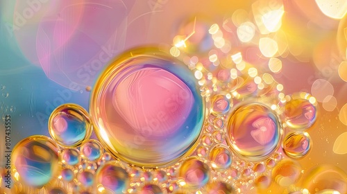 A close up of a bunch of small bubbles with a pinkish hue. The bubbles are scattered around the image, with some larger and some smaller. Scene is one of playfulness and whimsy