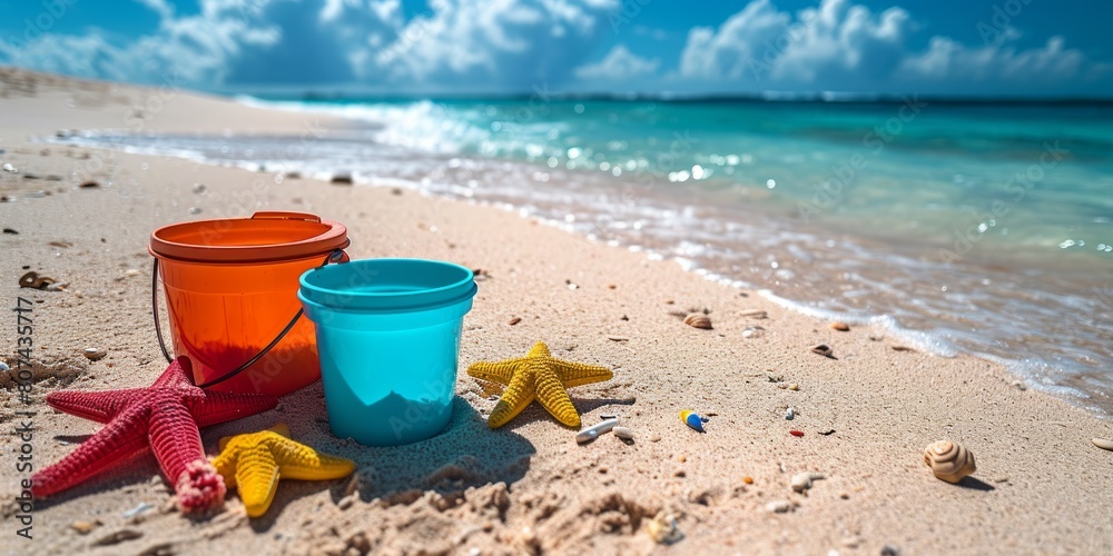 Bucket and starfish on a sandy beach near the sea. Bucket and starfish on a sandy beach near the sea.
