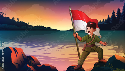 Indonesian national heroes standing on a rock holding a red and white flag vector illustration