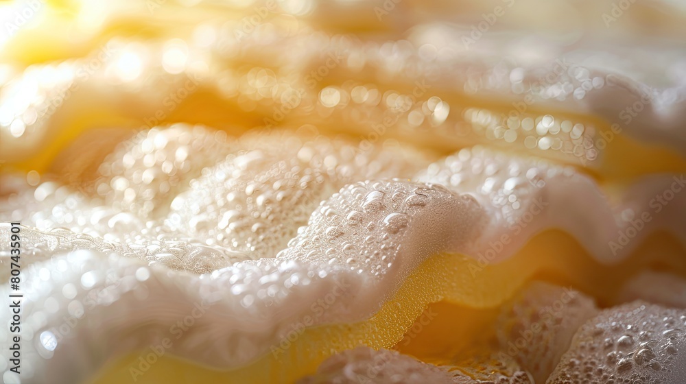 A close up of a yellow and white fabric with water droplets on it. The water droplets are scattered all over the fabric, creating a sense of movement and fluidity A close up of a yellow and white fabric with water droplets on it. The water droplets are scattered all over the fabric, creating a sense of movement and fluidity