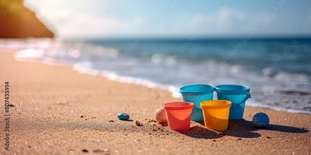 plastic сhildren's beach toys and a starfish on sand near sea. Summer vacation concept plastic сhildren's beach toys and a starfish on sand near sea. Summer vacation concept