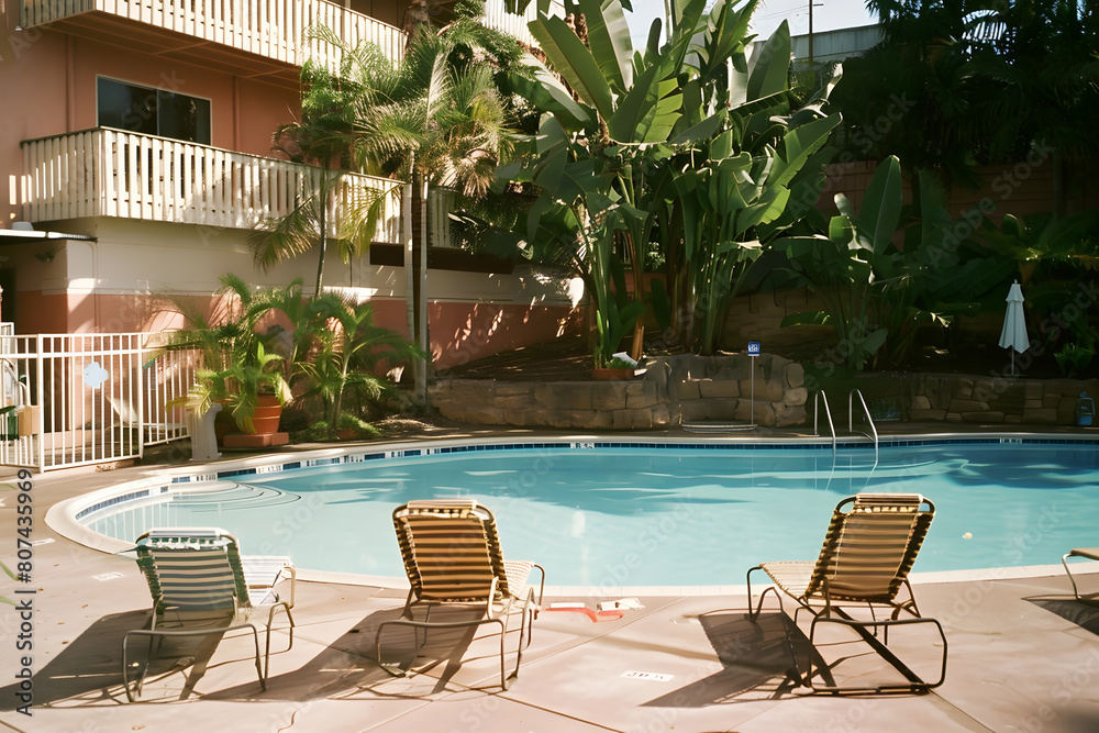 Fototapeta premium Swimming pool and sun loungers at stylish tropical spa hotel, summertime banner mockup. Summer travel sales and vacation concept.