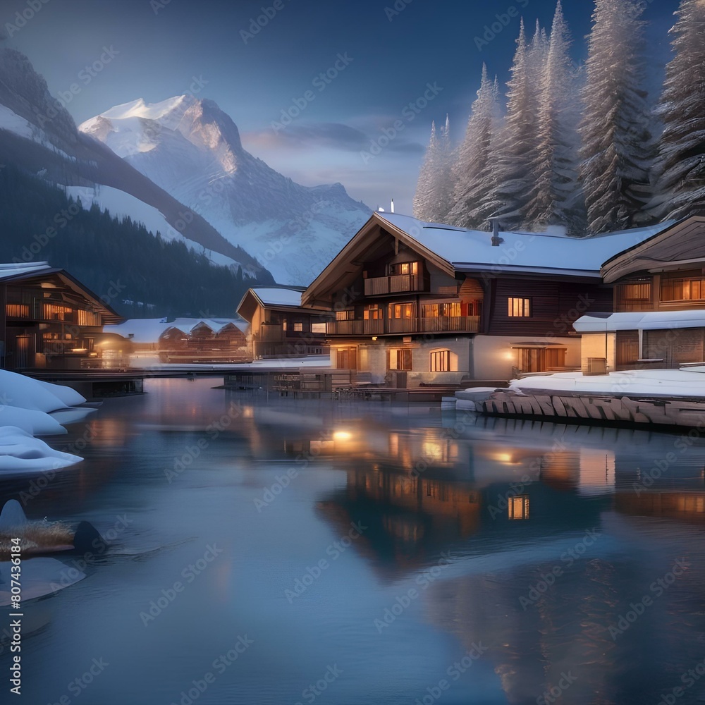 Fototapeta premium A picturesque mountain village with snow-capped peaks, wooden chalets, and a frozen lake4