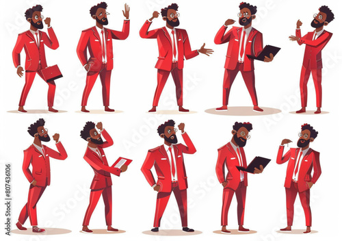 set of black man in red suit, multiple poses and expressions with different facial expression, character sheet design