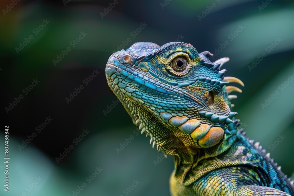 A lizard with a blue head and green body is staring at the camera. The lizard is in a green environment with leaves and branches