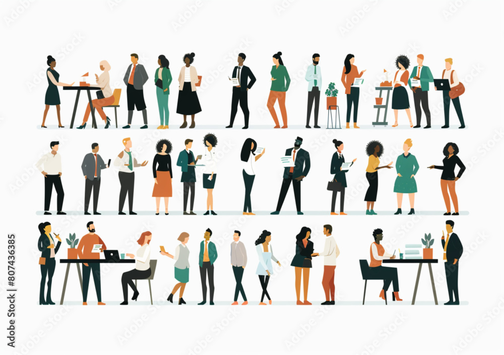set of business people in office, meeting and presentation vector illustration white background, flat design, 2d, modern, minimalist, bold lines, solid color blocks, graphic design style