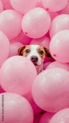 A cute dog peeking out of pink balloons. Happy birthday or party concept © RealPeopleStudio
