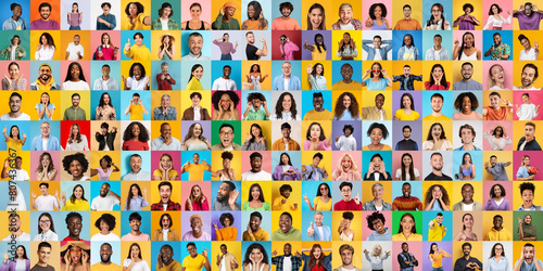 A multicolored backdrop enhances the multiracial, multiethnic diversity of cheerful international people in this lively collage