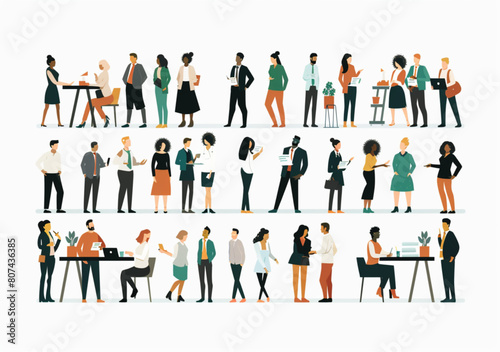 set of business people in office  meeting and presentation vector illustration white background  flat design  2d  modern  minimalist  bold lines  solid color blocks  graphic design style