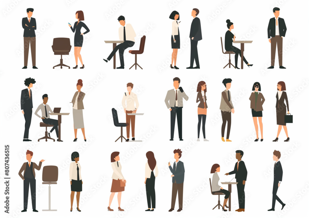 set of business people in office, meeting and presentation vector illustration white background, flat design, 2d, modern, minimalist, bold lines, solid color blocks, graphic design style