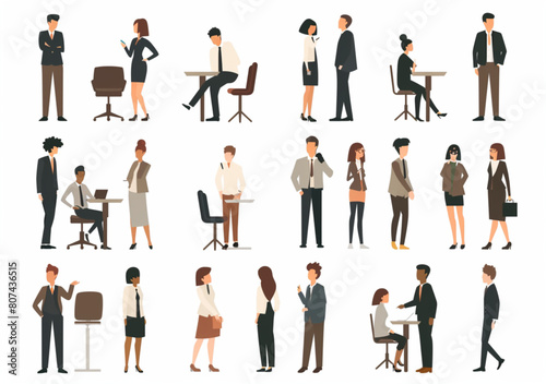 set of business people in office, meeting and presentation vector illustration white background, flat design, 2d, modern, minimalist, bold lines, solid color blocks, graphic design style