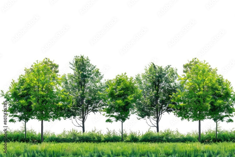 Green trees isolated on white background. Forest and foliage in summer. Row of trees and shrubs - generative ai Green trees isolated on white background. Forest and foliage in summer. Row of trees and shrubs - generative ai