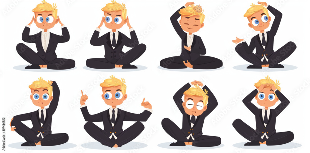 set of multiple poses and expressions, cute young blonde businessman in suit with blue eyes doing yoga on white background vector illustration character design