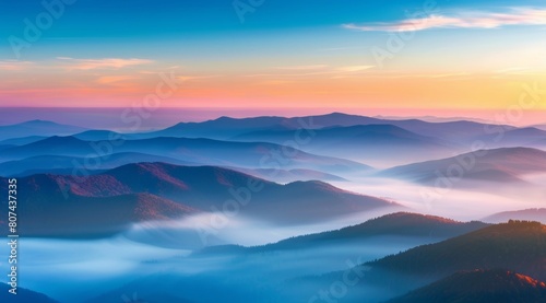 KSBeautiful misty valley at sunrise aerial view of mount