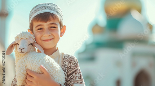 Muslim boy holds sheep toy smiling, mosque background, Eid Mubarak, Eid al Adha photo