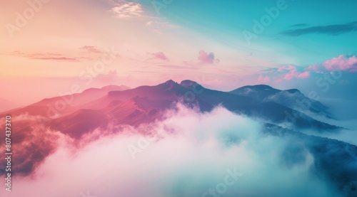KSBeautiful misty valley at sunrise aerial view of mount