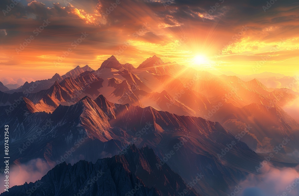 Fototapeta premium KSBeautiful misty valley at sunrise aerial view of mount