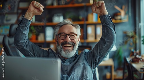Young man who founded a successful business Sitting at a desk in front of a computer screen With arms raised in triumph He expresses happiness and excitement. Symbol of the pinnacle of work photo