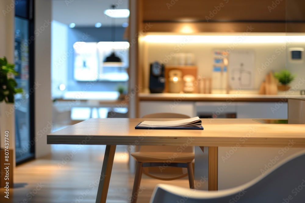Blurred modern kitchen interior and desk space and outstanding furniture - generative ai Blurred modern kitchen interior and desk space and outstanding furniture - generative ai