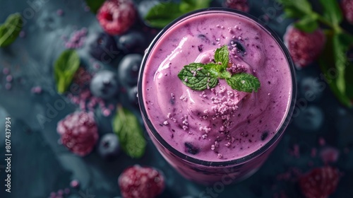 summer beverage option, indulge in a rich blueberry milkshake topped with a fresh mint leaf, a deliciously satisfying drink choice photo