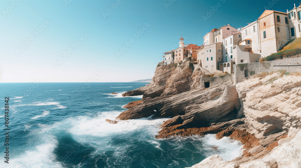 A sun-drenched coastal town with whitewashed buildings cascading down a cliffside, azure waves crashing against the rocky shore below, seagulls wheeling overhead in the clear blue sky, imbuing the sce