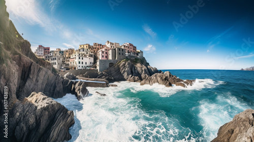 A sun-drenched coastal town with whitewashed buildings cascading down a cliffside, azure waves crashing against the rocky shore below, seagulls wheeling overhead in the clear blue sky, imbuing the sce photo