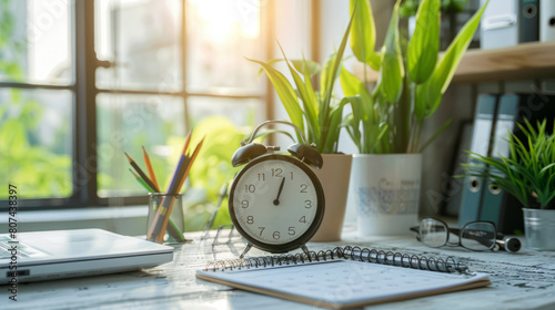 a desk organizer with built-in timer and calendar for efficient time management, displayed on a desk background photo