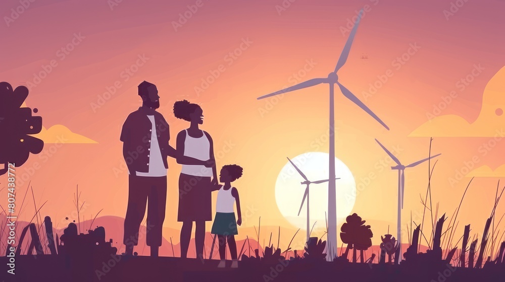 family in the community with wind generators turbines, Wind turbines are alternative electricity sources, the concept of sustainable AI generated family in the community with wind generators turbines, Wind turbines are alternative electricity sources, the concept of sustainable AI generated