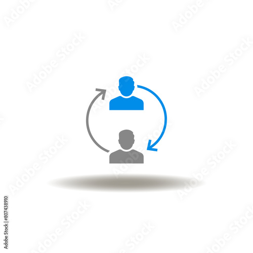 Vector illustration of round arrows and two men. Icon of experience exchange. Symbol of communication.