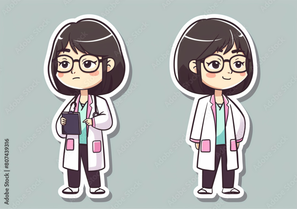 Sticker vector illustration of an Asian female doctor wearing glasses, short black hair and a white coat with pink stripes on the shoulders, holding medical record books in her hands