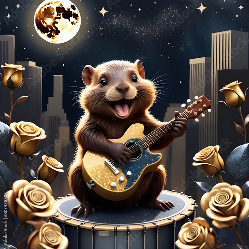 밤하늘 둥근 보름달 높이 뜬 야경 도심 빌딩숲 한 가운데 신나게 웃으며 기타치고 노래부르고 있는 버스킹 비버 금빛 장미 귀여운 노래하는 beaver 골드로즈 흥겨운 신나는 귀욤뽀짝 포유류 photo