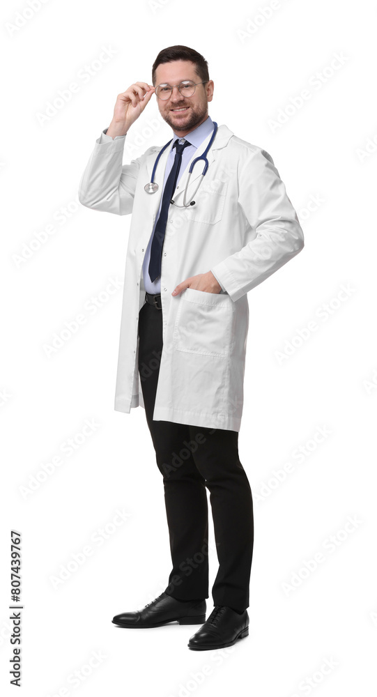Full length portrait of smiling doctor isolated on white Full length portrait of smiling doctor isolated on white
