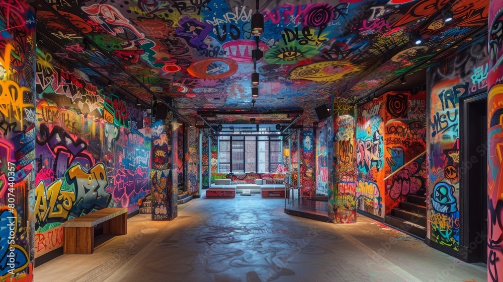 Fototapeta premium ceiling graffiti art, the ceiling displays a colorful graffiti mural, featuring intricate designs and vibrant hues that captivate the observer, offering an engaging atmosphere