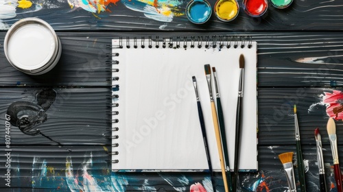 Creative artwork desk concept, mockup blank notebook sketchbook, set of paintbrushes and paint can for creativity drawings on black wooden drawing background