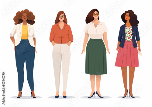 vector graphics of four women in different on a white background, full body shots in the style of vector illustrations