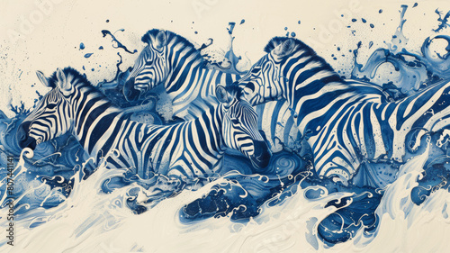 A painting of four zebras in the ocean