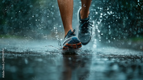 Closeup of running shoes in motion, muscular legs. Focus on splash, speed and determination. Movement and energy.