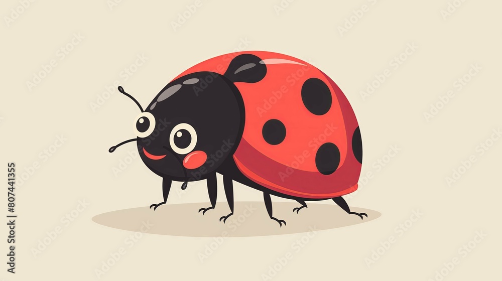 Fototapeta premium Cute smiling ladybug on a white background style cartoon. kids print or book cover, clip art style, simple design, flat colors and a pastel color palette, simple lines
