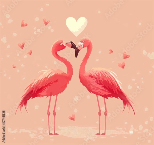 Two cute flamingo birds in love  pink and white heart background  kids print or book cover  clip art style  simple design  flat colors and a pastel color palette  simple lines