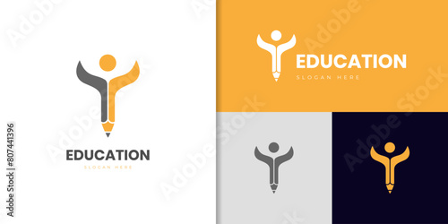 Pencil stand logo icon design with happy people symbol for education, learning vector school logo elements photo
