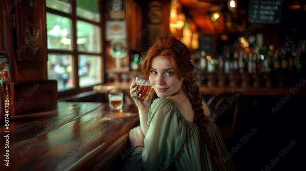 Beautiful redhead girl with green eyes sits in an Irish pub, smiling with a pint of beer.