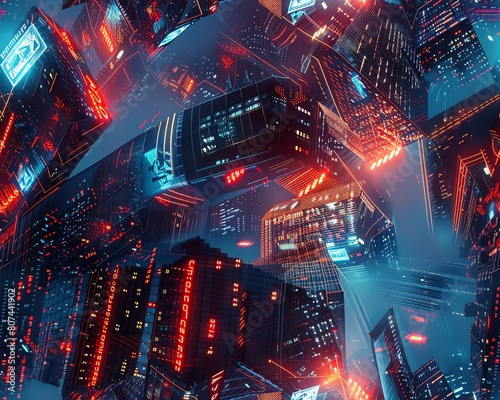 Capture low-angle view of a futuristic cityscape merging new ideas; incorporate financial trends subtly with holographic graphs adorning skyscrapers