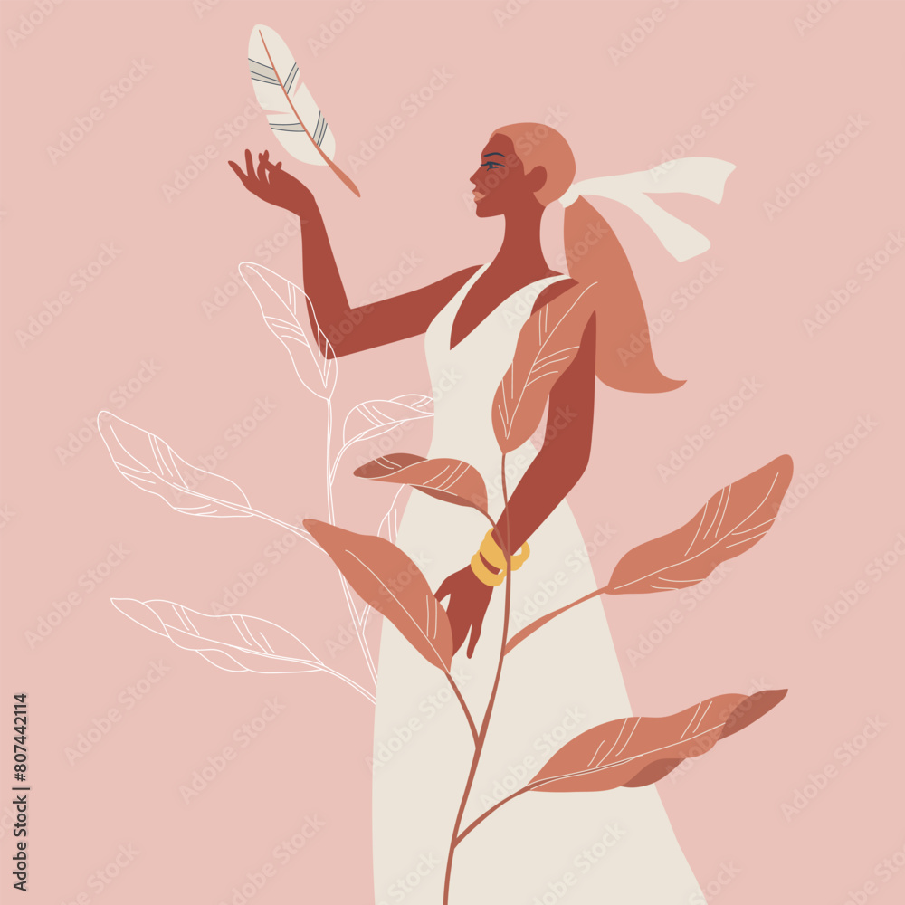 Boho sacred magic woman mystical symbol, Side view portrait female in a white dress with feathers, The nature of tropical leaves, Abstract portraits in pastel colors. Vector design.