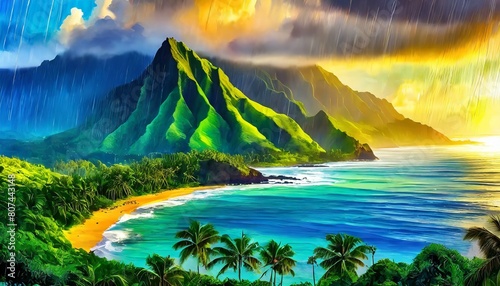 Hawaii Kauai Rainy Sunset Over Tropical Mountains
