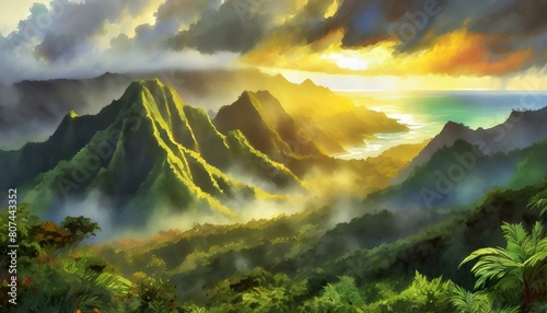Tropical Hawaii Kauai Misty Mountains at Sunrise