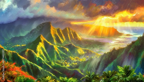 Sun Rays Sunrise over Tropical Mountains in Kauai, Hawaii