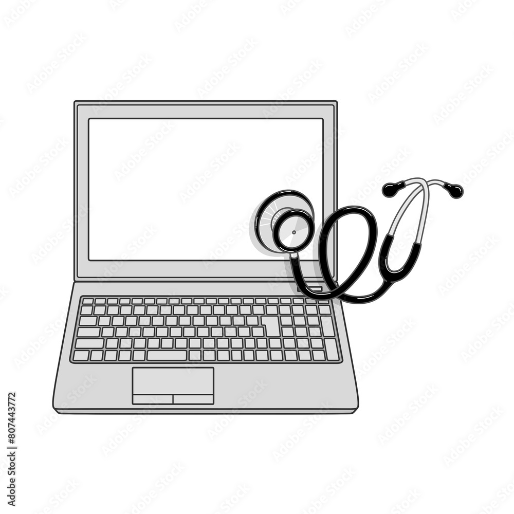 白色の画面のノートパソコンと黒色の聴診器