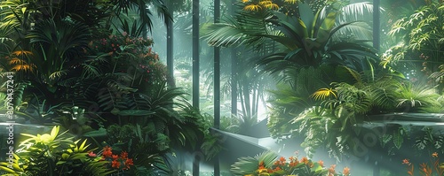 Illustrate a futuristic virtual reality garden within a digital painting Show a blend of realistic plants with a touch of digital surrealism Add vibrant colors and a sense of immer photo